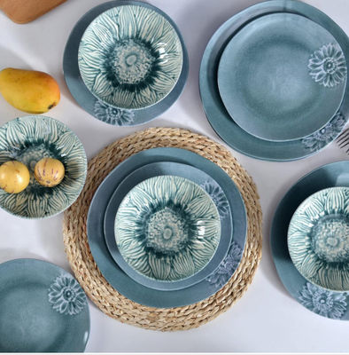 Set de cena de melamina de campamento azul verde para interiores y exteriores