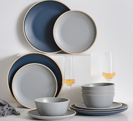 Conjunto de vajilla de Gufaith Melamina, Conjunto de plato y tazón, Conjunto de platos para 4, Conjunto de vajilla al aire libre, Color azul y gris, moderno